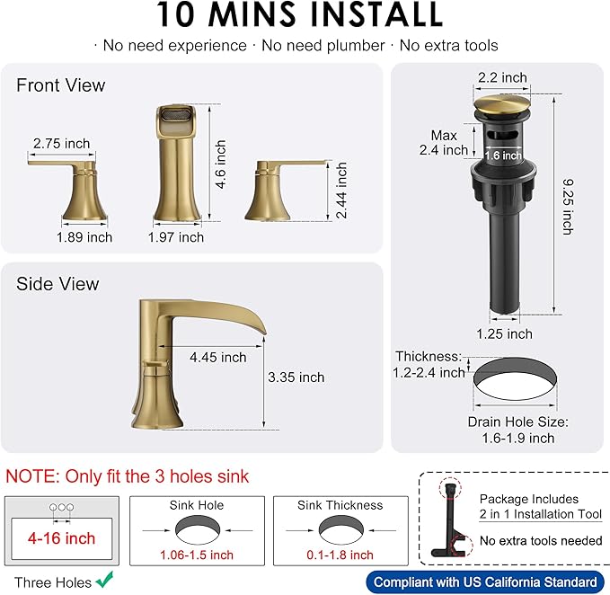 Brushed Gold Bathroom Faucet 3 Hole, 4-8 Inch Brass Widespread Waterfall Bathroom Sink Faucets with Pop Up Drain and cUPC Supply Line, 2 Handles for Vanity, Lavatory, Restroom, Apartment, Modern