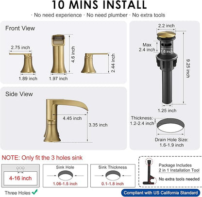 Brushed Gold Bathroom Faucet 3 Hole, 4-8 Inch Brass Widespread Waterfall Bathroom Sink Faucets with Pop Up Drain and cUPC Supply Line, 2 Handles for Vanity, Lavatory, Restroom, Apartment, Modern
