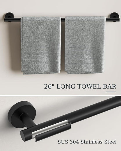 Matte Black Bathroom Accessories Set SUS304 Stainless Steel 5 Pieces | Evolvegoods Bathroom Hardware Set, 26 Inch Bath Towel Bar Set, 2 Towel Hooks, Toilet Paper Holder, Towel Racks for Bathroom