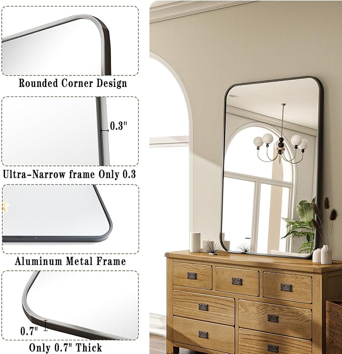 20x28 Inch Black Bathroom Vanity Mirror for Over Sink | Rectangle Wall Mirror for Bathroom with Round Corner, Hangs Horizontally Vertically for Living Room, Bedroom as Home Decor