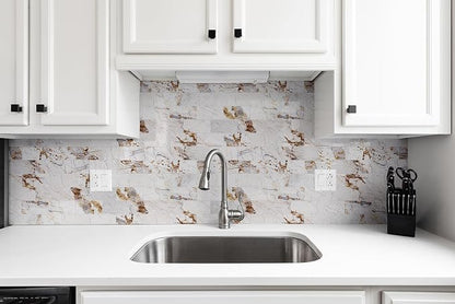 StyloVue 100 Pieces Peel and Stick Backsplash for Kitchen, 3" x 6" PVC Subway Tile, 2026 Upgraded Ivory Calacatta Marble Look with Gold Veining, Glossy Finish, Stick on Tile for Kitchen, Fireplace, RV