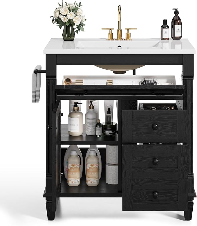 LIKIMIO 30 Inch Bathroom Vanity with Sink, Towel Holder & Adjustable Solid Wood Legs for Uneven Floor, Modern Bathroom Storage Cabinet with Tip-Out Drawer, 2 Drawers & Adjustable Shelf, Black