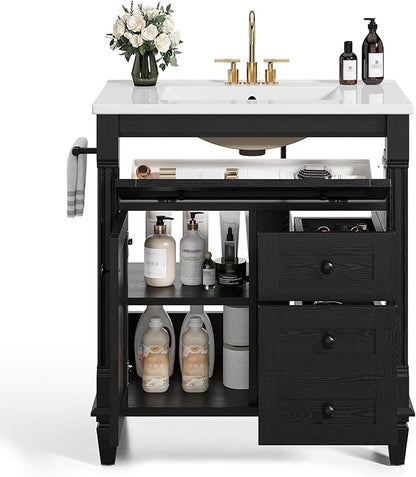 LIKIMIO 30 Inch Bathroom Vanity with Sink, Towel Holder & Adjustable Solid Wood Legs for Uneven Floor, Modern Bathroom Storage Cabinet with Tip-Out Drawer, 2 Drawers & Adjustable Shelf, Black