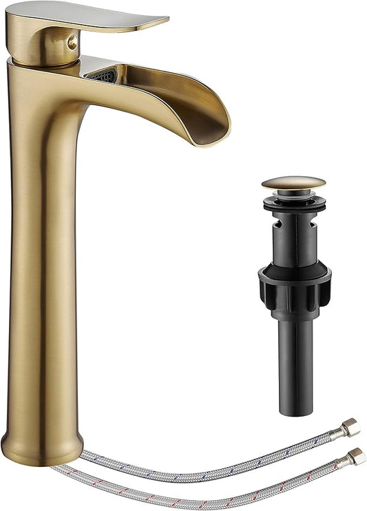 YUNDOOM Vessel Sink Faucet,Chrome Single Hole Single Handle Tall Bathroom Sink Bowl Faucet, Waterfall Bathroom Faucet with Pop Up Drain