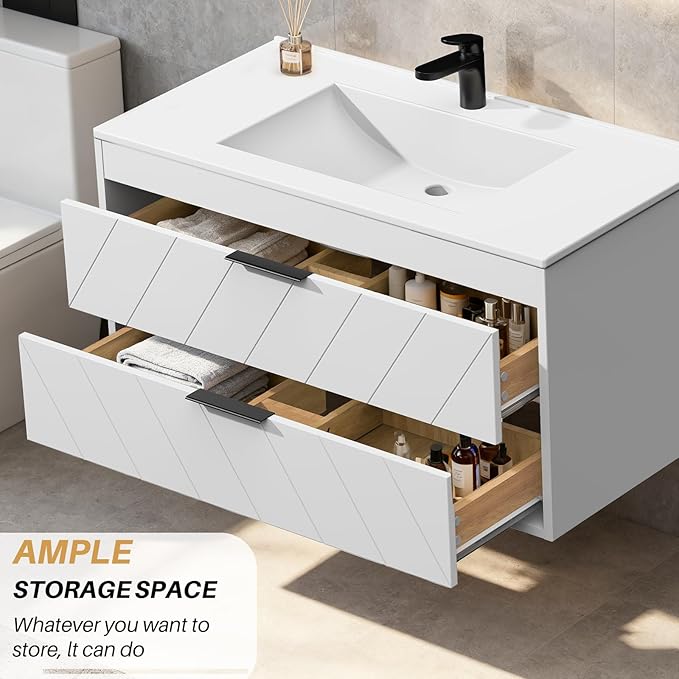 36 Inch Bathroom Vanity with Sink, Modern Floating Bathroom Vanity with Resin Sink, 2 Large Storage Darwers, Wood Grain Texture Wall Mounted Vanity, Metal Handles, White