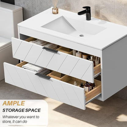 30 Inch Bathroom Vanity with Sink, Modern Floating Bathroom Vanity with Resin Sink, 2 Large Storage Darwers, Wood Grain Texture Wall Mounted Vanity, Metal Handles, White