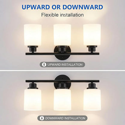 Unicozin 3 Light Bathroom Light Fixtures, Modern Vanity Lights with Milky Glass Shade, Black Wall Lamp Over Mirror for Bathroom, Living Room, Cabinet, Bedroom, E26 Base