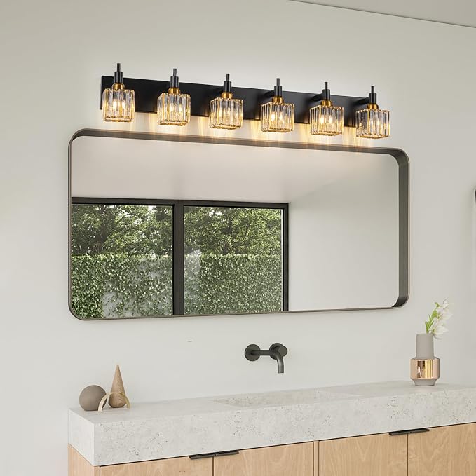 6-Lights Crystal Bathroom Vanity Light Black Gold Modern Bathroom Lighting Fixtures Over Mirror, Wall Light Fixtures