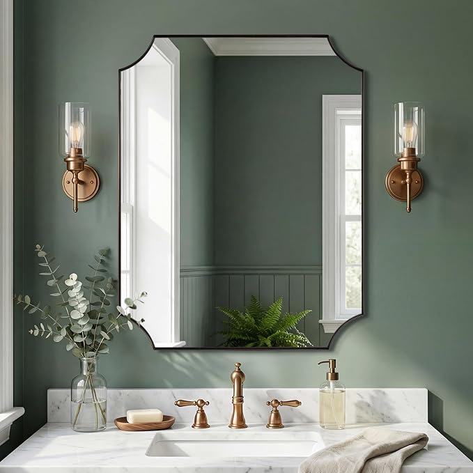 28"x36" Bathroom Mirror, Brushed Bronze Scalloped Mirror for Bathroom, Antique Rectangle Mirror with Scalloped Corners, Hangs Vertically or Horizontally