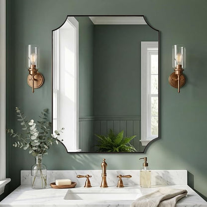 28"x36" Bathroom Mirror, Brushed Bronze Scalloped Mirror for Bathroom, Antique Rectangle Mirror with Scalloped Corners, Hangs Vertically or Horizontally