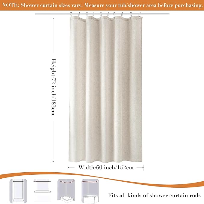Linen Shower Curtain for Bathroom 54x72 Inch 1 Panel Cream Beige | Small Shower Curtains with Hook for Camper RV Narrow Singel, Neutral Rustic Boho Farmhouse, Simple Shower Decor,Natural Ivory