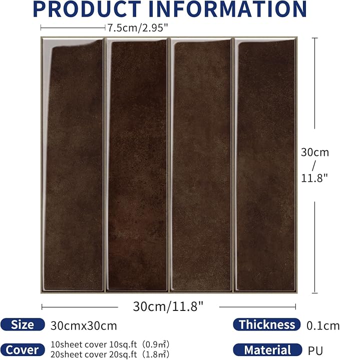 MORCART 2026 New Peel and Stick Backsplash, 10PCS 11.8"x11.8" Vintage Brown | 3D Adhesive Waterproof Wall Tiles for Kitchen, Bathroom, Living Room, Laundry Room, Subway Tiles