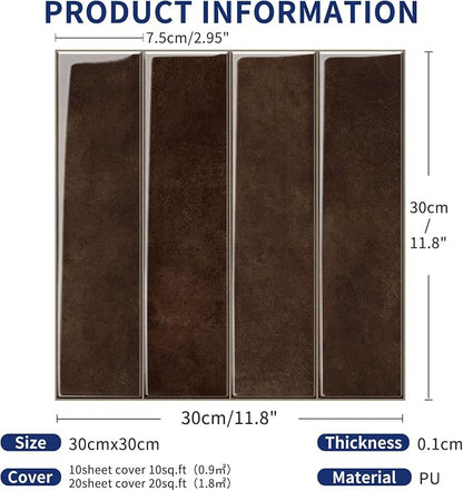 MORCART 2026 New Peel and Stick Backsplash, 10PCS 11.8"x11.8" Vintage Brown | 3D Adhesive Waterproof Wall Tiles for Kitchen, Bathroom, Living Room, Laundry Room, Subway Tiles