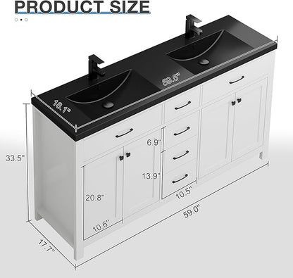 LUCKWIND 60" Bathroom Vanity and Black Sink Combo, Painted Modern Bathroom Storage Cabinet with Double Large Black Sink, Four Doors and Three Drawers, Include Faucet, Without Mirror, White