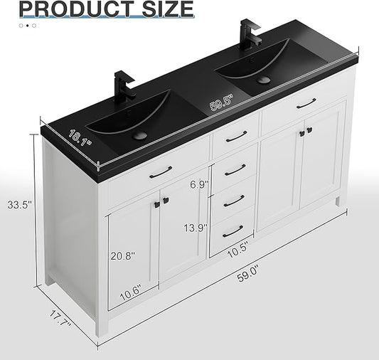 LUCKWIND 60" Bathroom Vanity and Black Sink Combo, Painted Modern Bathroom Storage Cabinet with Double Large Black Sink, Four Doors and Three Drawers, Include Faucet, Without Mirror, White
