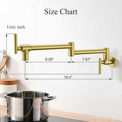 Pot Filler Faucets - for Kitchen, Sink, Stove and Bar with Brass Wall Mount Double Joint Swing Arms - Leak Free Designs with High-Flow Aerators - Retractable and Folding Save Space - Brushed Gold