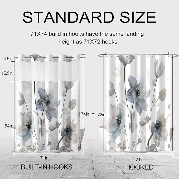 No Hook Shower Curtain and Liner Set, Blue Grey Boho Floral 71x74 | Watercolor Boho Flower, with Snap in Liner, Mesh Top Window, Waterproof, Machine Washable, Quick-Drying, for Hotel Bathroom