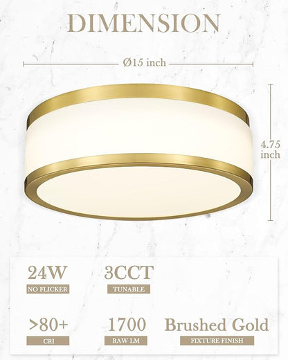 24W LED Flush Mount Ceiling Light, 15 inch 3CCT 3000K/4000K/5000K, Brushed Gold Close to Ceiling Light for Bathroom, Kitchen, Living Room, LMS-190