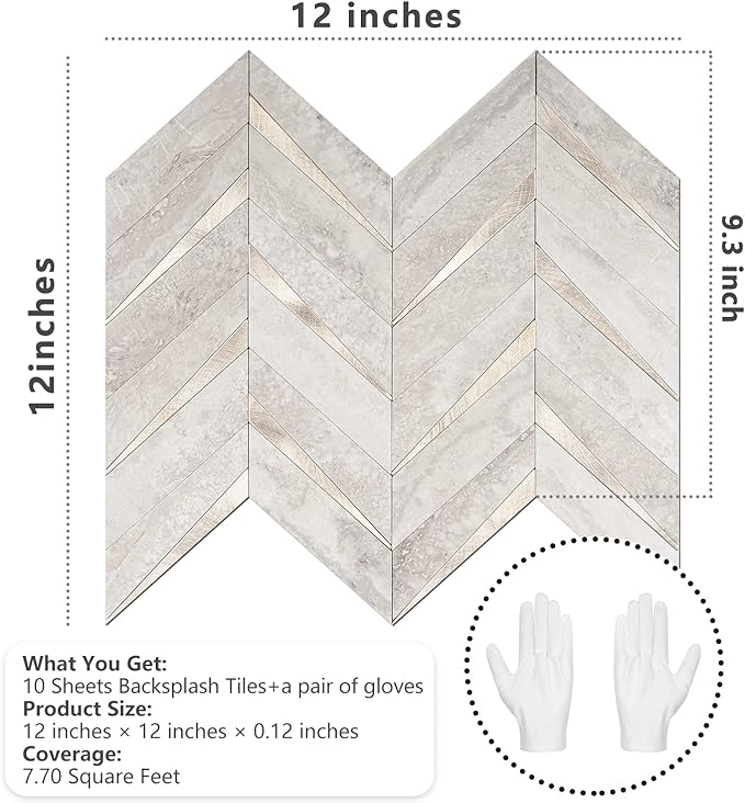 STICKGOO 10-Sheet Herringbone Tile Peel and Stick Backsplash, Beige Mixed Metal Gold PVC Stick on Backsplash, Self Adhesive Wall Tile for Kitchen and Bathroom | 10-Sheet Self Adhesive Wall Tiles, Beige Mixed Metal Gold PVC Stick on Backsplash Tile for ...