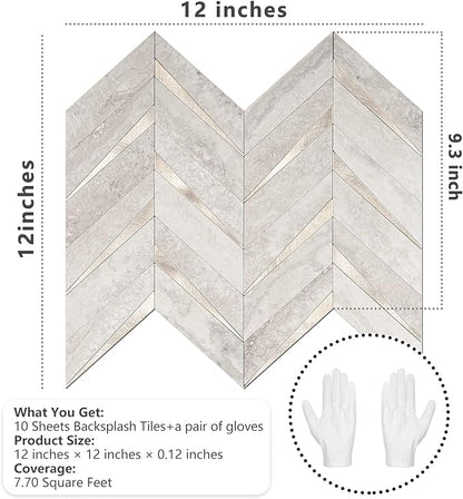 STICKGOO 10-Sheet Herringbone Tile Peel and Stick Backsplash, Beige Mixed Metal Gold PVC Stick on Backsplash, Self Adhesive Wall Tile for Kitchen and Bathroom | 10-Sheet Self Adhesive Wall Tiles, Beige Mixed Metal Gold PVC Stick on Backsplash Tile for ...
