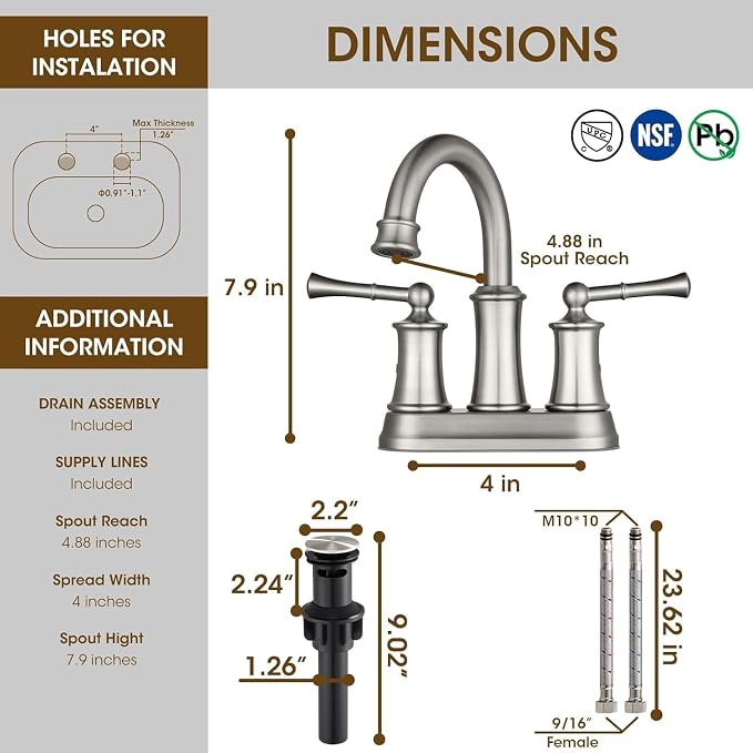 4 Inch Centerset Bathroom Faucet Brushed Nickel,2 Handle Bathroom Faucet 3 Hole, Antique Brass Bathroom Faucet with Pop Up Drain Supply Hose for Vanity Lavatory RV Farmhouse(L2303-BN)