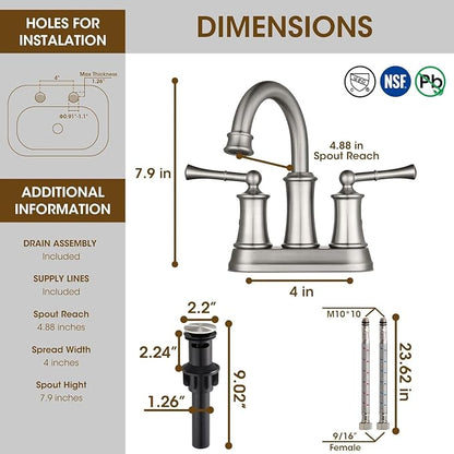 4 Inch Centerset Bathroom Faucet Brushed Nickel,2 Handle Bathroom Faucet 3 Hole, Antique Brass Bathroom Faucet with Pop Up Drain Supply Hose for Vanity Lavatory RV Farmhouse(L2303-BN)