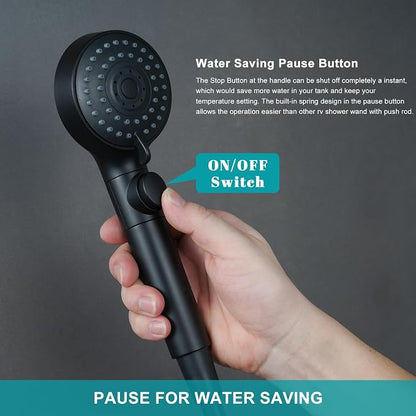 GwernKB Handheld Black Shower Head with Hose and On Off Switch,Water Saving | 3 Mode High Pressure Spray,for RV Camper,Bathroom,No Drilling Wall Mount Adhesive Shower Holder,Hose Guide Ring,No Hurt Wall