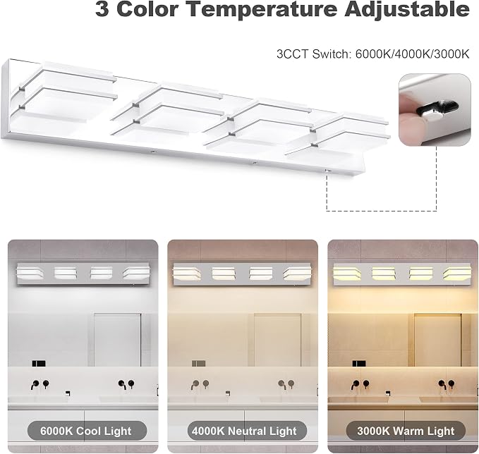 GOODATE 3 Color Temperature Dimmable Vanity Lights for Bathroom, LED Chrome 4 Light Vanity Light Fixtures, Acrylic Stainless Steel Square Shade Bathroom Light Fixtures Over Mirror, ETL Certificated