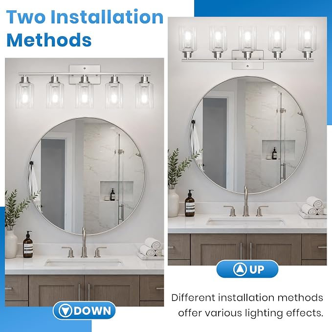 Ascher 5 Light Bathroom Light Fixture, Brushed Nickel Bathroom Lighting Fixtures Over Mirror, Vanity Light with Clear Glass Shade, Wall Sconce for Living Room Bedroom Cabinet, E26 Base