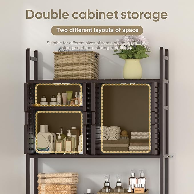 Over The Toilet Storage Cabinet: Bamboo Bathroom Organizer with Paper Holder Stand - Toilet Shelf No-Drill Installation Waterproof Feet - Left/Right Side Mount Space Saver Rack