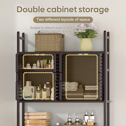 Over The Toilet Storage Cabinet: Bamboo Bathroom Organizer with Paper Holder Stand - Toilet Shelf No-Drill Installation Waterproof Feet - Left/Right Side Mount Space Saver Rack