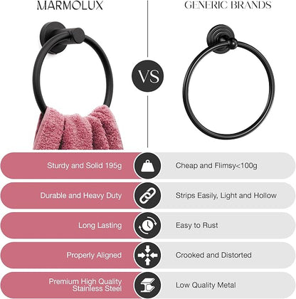 MARMOLUX ACC Matte Black Towel Ring - SUS304 Stainless Steel Wall Mounted Hand Towel Holder for Bathroom - Kitchen & Bathroom Towel Rack - Black Towel Hanger - Bathroom Towel Holder - Hand Towel Rack