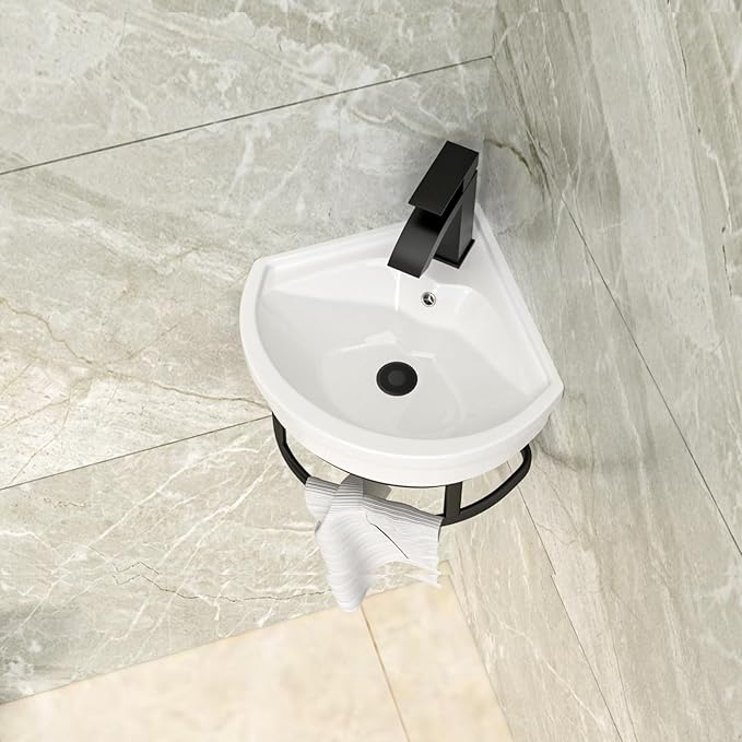 Lordear Corner Wall Mounted Bathroom Sink with Towel Rack – 11 4/5" x 11 4/5" Inch Triangular Wall Hung Porcelain Vessel Sink for Small Bathrooms One Hole Vanity Sink for Corner Installation