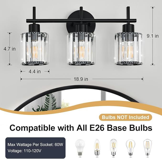 Black 3-Light Crystal Bathroom Vanity Light Fixtures, Round | Vanity Lights for Bathroom, Modern Bathroom Lighting Fixtures over Mirror (Bulbs Not Included, E26)
