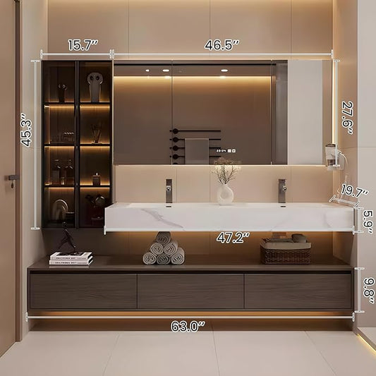 Bathroom Vanity, Floating Bathroom Sink Vanity, Modern Bathroom Vanities with Smart Defogging LED Mirror & Glass Side Cabinet, Wall Mounted Vanities for Restroom, Solid Wood (64in)