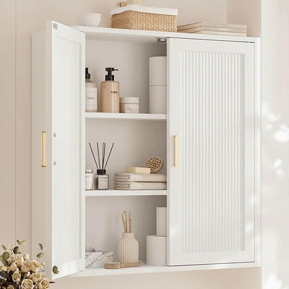 INNOD Bathroom Storage Cabinet, Over The Toilet Storage Cabinet, Medicine Cabinet with Adjustable Wood Shelf & Doors for Laundry Room & Kitchen & Living Room(White)