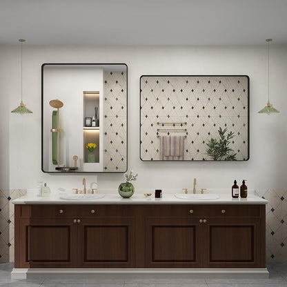 24x28 Inch Black Metal Framed Bathrrom Mirror for Wall | Matte Black Rectangle Mirror, Shatterproof, Anti-Rust, Rounded Corner, Hangs Horizontally or Vertically