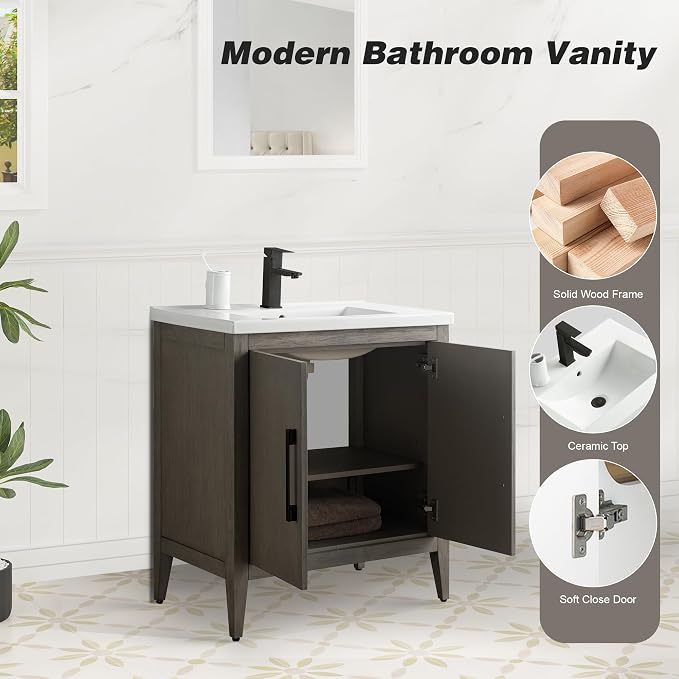 30 Inch Bathroom Vanity with Sink & Ceramic Top, Single Vanity Cabinet with Basin, Soft-Closing Doors & Matte Black Hardware, Driftwood Gray