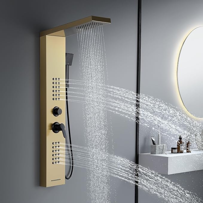4 in 1 Rainfall Shower Panel Tower with Powerful Body Jets, Gold | High Pressure Stainless Steel Shower Column with Flexible Handheld, Waterfall Tub Spout, Adjustable Waterflow