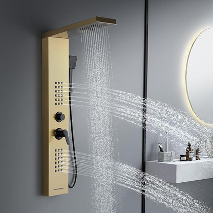 4 in 1 Rainfall Shower Panel Tower with Powerful Body Jets, Gold | High Pressure Stainless Steel Shower Column with Flexible Handheld, Waterfall Tub Spout, Adjustable Waterflow