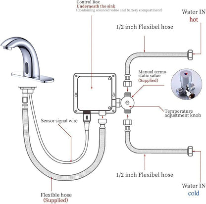 Chrome Touchless Bathroom Sink Faucet - Automatic Sensor Faucet - Dual Power Supply 110V AC or Battery Operated for Commercial