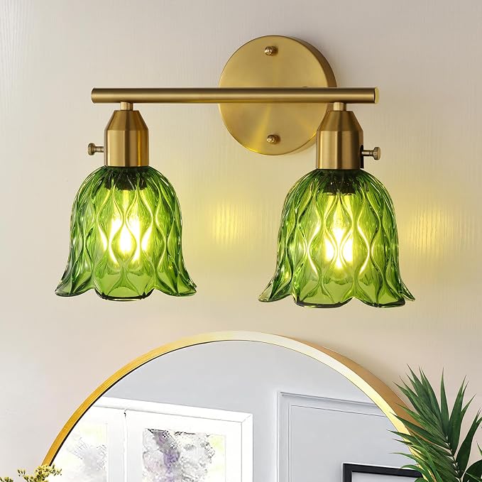 Vintage Bathroom Light Fixtures，2-Light Hardwired Vanity Lights Over Mirror, Brass Wall Sconces with Green Tulip Glass Shade for Bathroom Stairway Bedroom Living Room(Bulbs Not Included,E26 Socket)