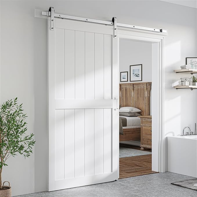 SMARTSTANDARD 40" x 84" White Sliding Barn Door with 7FT Silver Hardware | Pre-Drilled Ready to Assemble, Waterproof PVC Coating, H-Frame