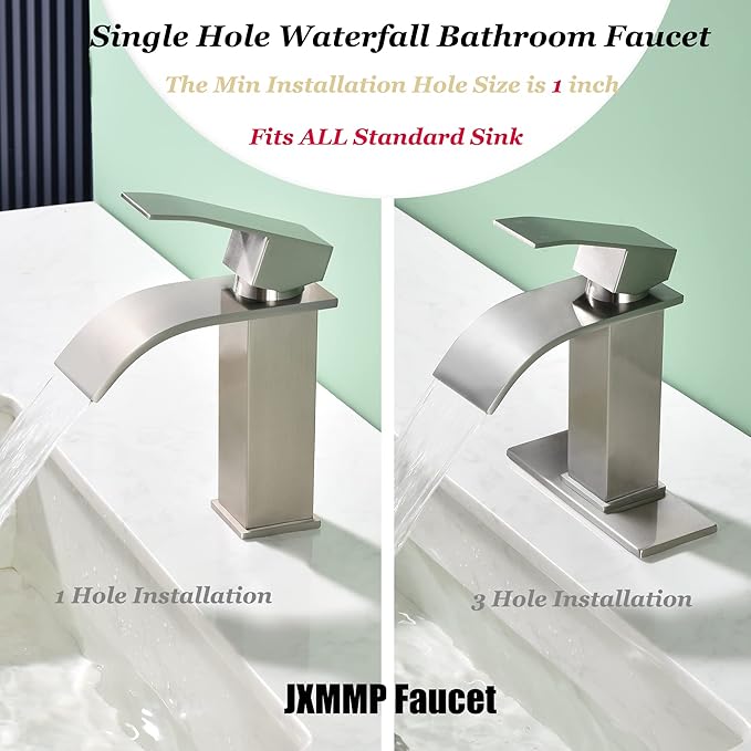 Waterfall Single Hole Bathroom Faucet, Single Handle Bathroom Sink Faucet Brushed Nickel with Pop Up Drain Assembly and Deck Plate for Sink 3 Hole Installation JXM122BN