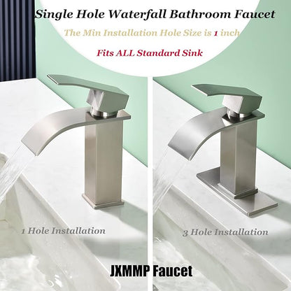 Waterfall Single Hole Bathroom Faucet, Single Handle Bathroom Sink Faucet Brushed Nickel with Pop Up Drain Assembly and Deck Plate for Sink 3 Hole Installation JXM122BN