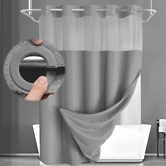 No Hook Shower Curtain with Liner Set Hotel Waffle Curtain Grey 72W X 75L | Washable Snap in Fabric Liner, Mesh Top Window, Waffle Hotel Style Shower Curtain Set