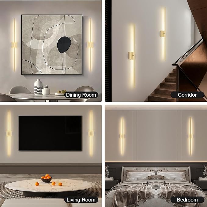 Battery Operated Wall Sconce Set of Two with Remote Control, 3000K-6000K Dimmable Gold Wall Lights, Timable LED Wireless Wall Sconces, 350° Ratate for Bathroom, Living Room, Hallway 39.4 Inch