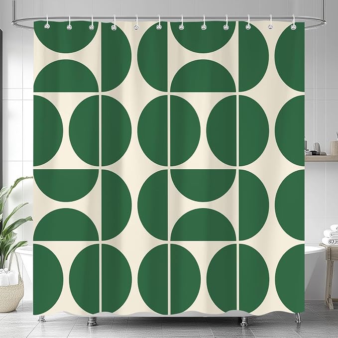 Green Mid Century Modern Shower Curtain, Boho Abstract Geometric Retro Art Bath Curtains for Bathroom, Colorful Unique Pattern Waterproof Polyester Fabric Bathroom Set 12 Hooks 72X72IN