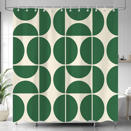 Green Mid Century Modern Shower Curtain, Boho Abstract Geometric Retro Art Bath Curtains for Bathroom, Colorful Unique Pattern Waterproof Polyester Fabric Bathroom Set 12 Hooks 72X72IN