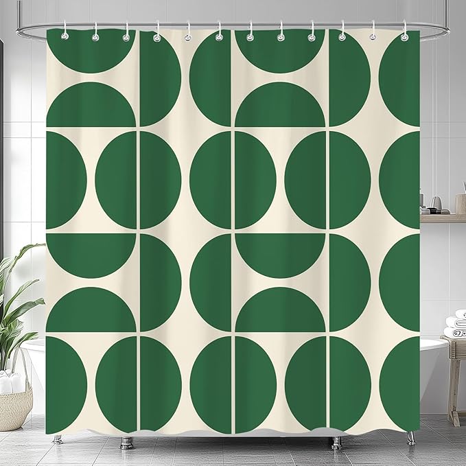 Green Mid Century Modern Shower Curtain, Boho Abstract Geometric Retro Art Bath Curtains for Bathroom, Colorful Unique Pattern Waterproof Polyester Fabric Bathroom Set 12 Hooks 60X72IN